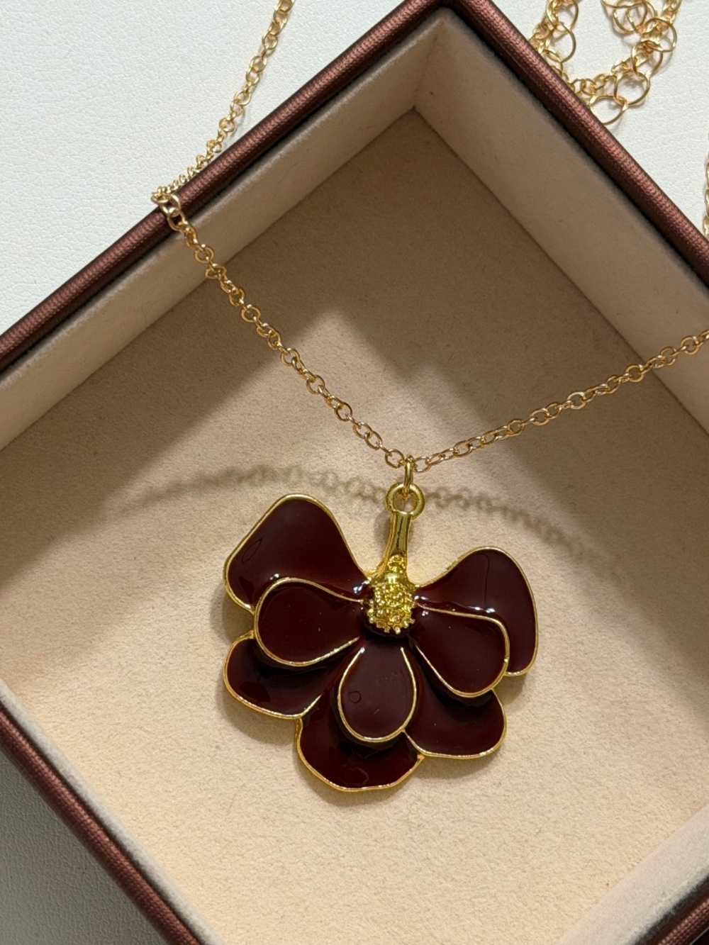 Vintage Golden Burgundy Exaggerated Flower Petal Enamel Pendant Necklace